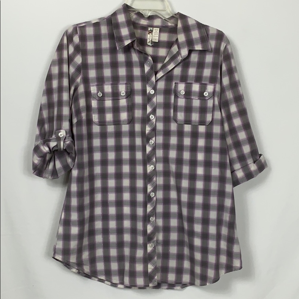 6 Degrees purple/white plaid button shirt Lg